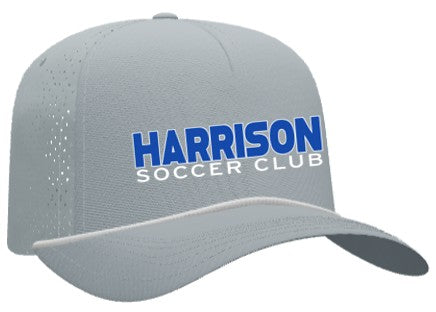 Light gray baseball cap with perforated side panels and a white rope detail. The front displays "HARRISON" in blue text above "SOCCER CLUB" in white.
