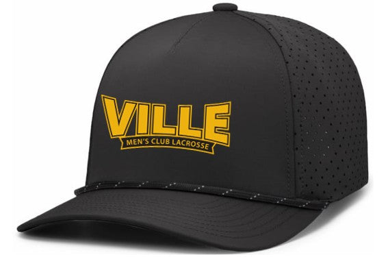 A black baseball cap with yellow "VILLE" and "MEN'S CLUB LACROSSE" text on the front. Features perforated side panels and a thin rope accent above the brim.