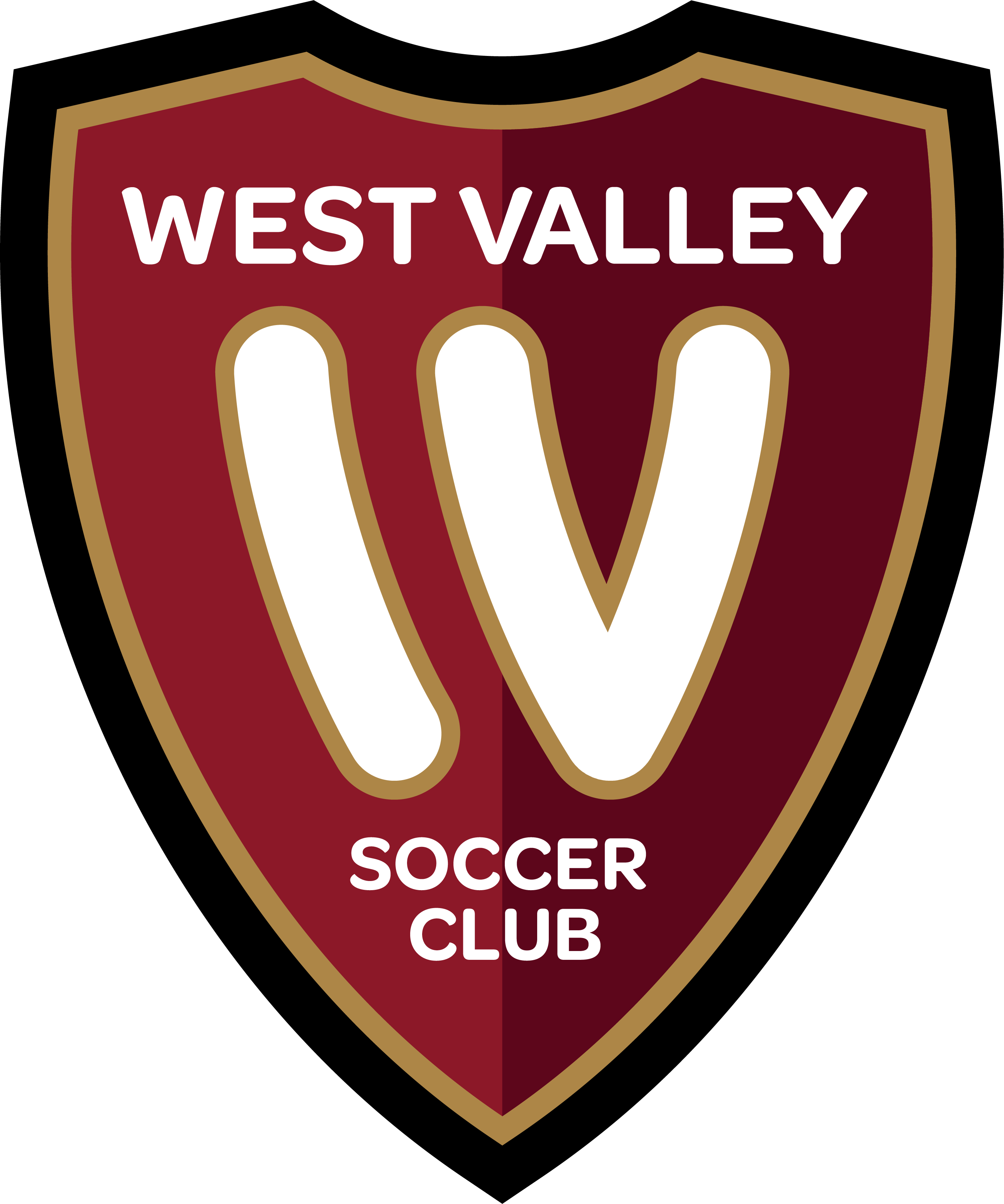 West Valley Soccer Club logo: maroon shield with gold border, large white stylized 'W', and the club name in white text.