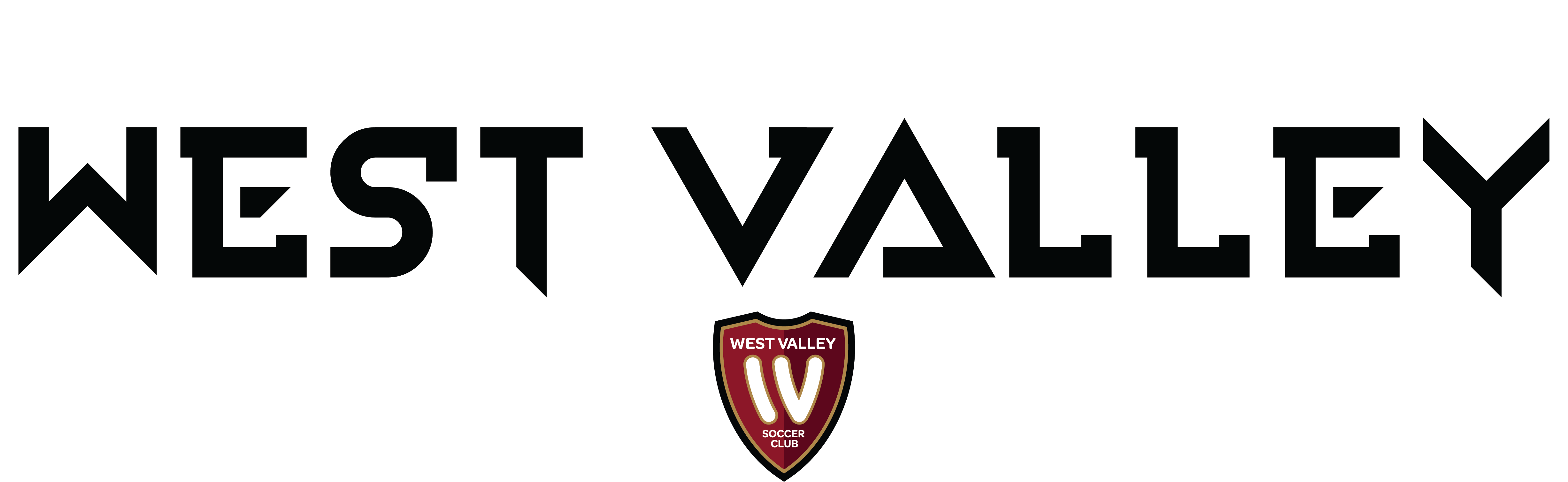 Stylized black text reads "WEST VALLEY" above a maroon and gold shield crest for the West Valley Soccer Club featuring a central white "W".