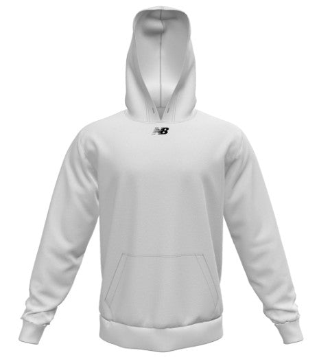 Front view of a white New Balance pullover hoodie featuring a small black logo on the center chest and a front kangaroo pocket.