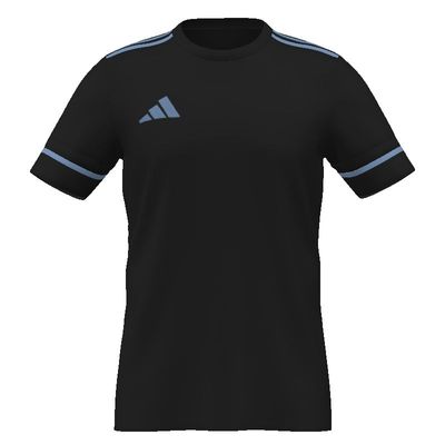 Black short-sleeved Adidas jersey featuring light blue shoulder stripes, a logo on the chest, and bands on the sleeve cuffs.