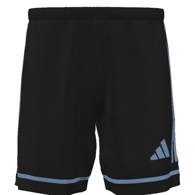 Black Adidas athletic shorts featuring light blue side stripes, a matching horizontal line near the hem, and a three-bar logo on the lower left leg.