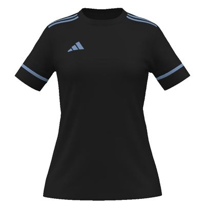 Black short-sleeve Adidas shirt with a light blue logo, shoulder stripes, and sleeve bands.
