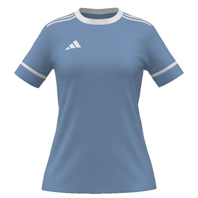 Light blue women's Adidas athletic jersey featuring a white crew neck, white shoulder stripes, white sleeve bands, and a white brand logo on the chest.