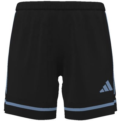 Black Adidas athletic shorts featuring light blue stripes on the sides and leg hems, and a light blue logo on the lower right leg.