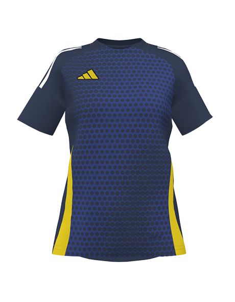 Navy blue Adidas soccer jersey with a blue honeycomb pattern on the front, yellow side panels, a yellow logo, and white stripes on the shoulders.