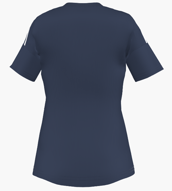 Back view of a navy blue short-sleeved t-shirt with three white stripes on the upper sleeves.