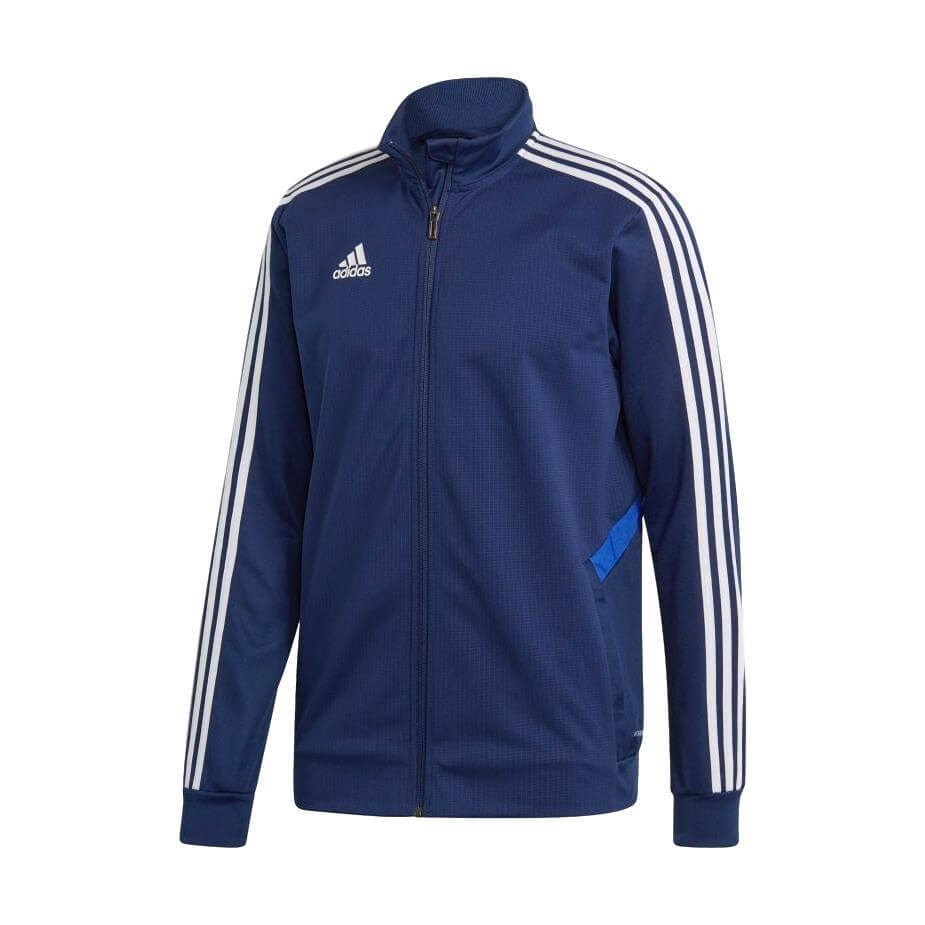 Navy blue Adidas full-zip track jacket with white three-stripes on the sleeves, a white logo on the chest, a high collar, and light blue pocket accents.