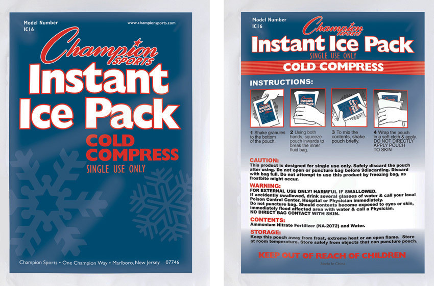 A product image showing the front and back packaging of a Champion Sports Instant Ice Pack. The front features a blue background with white and red text and large snowflake graphics. The back includes a four-step illustrated instruction guide, followed by caution and warning sections, contents listing ammonium nitrate and water, and storage instructions. In red capital letters at the bottom, it reads, "KEEP OUT OF REACH OF CHILDREN."
