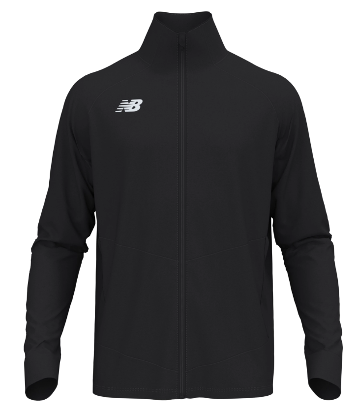 A black New Balance full-zip athletic jacket with a stand-up collar and a white logo on the chest.