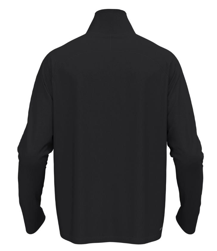 Rear view of a solid black long-sleeved athletic pullover with a high collar and raglan sleeves.
