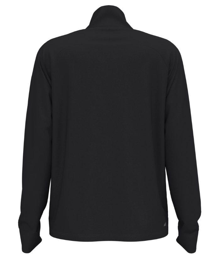 Back view of a solid black, long-sleeved athletic pullover with a stand-up collar.