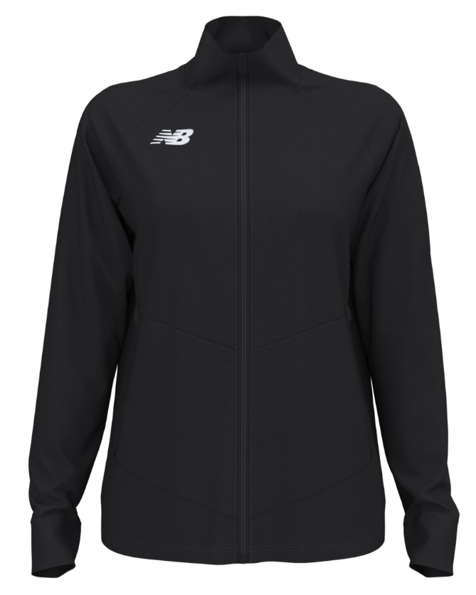 A black New Balance women's full-zip athletic jacket with a high collar and white logo on the right chest.