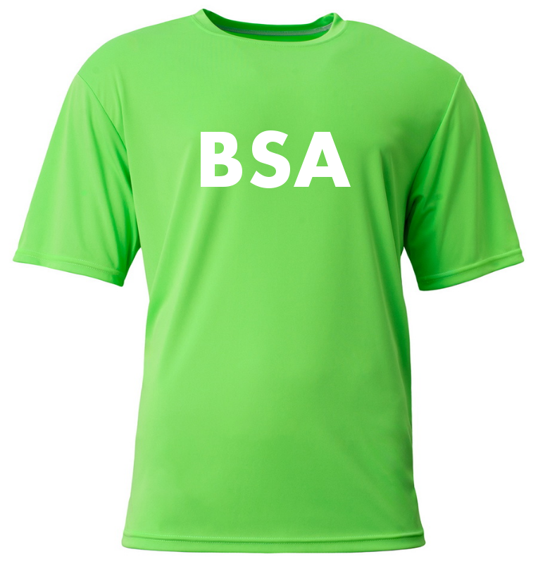Bright green short-sleeved t-shirt with "BSA" printed in white block letters on the chest.