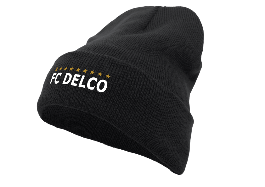 A black beanie featuring "FC DELCO" in white letters with ten gold stars above the text on the cuff, against a black background.