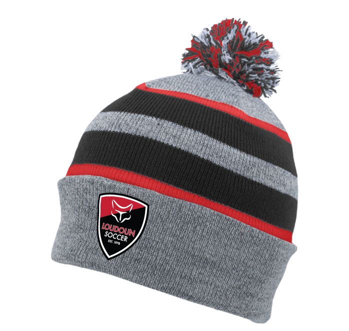 Gray knit beanie with black and red stripes and a pom-pom, featuring a Loudoun Soccer shield logo on the front cuff.