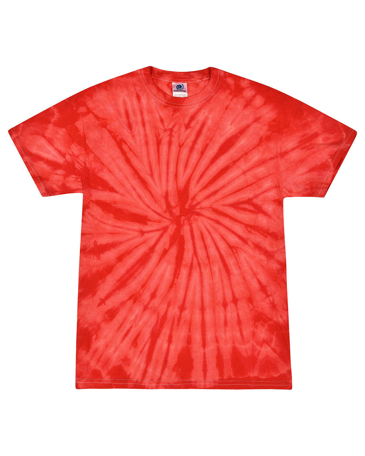 A red spiral tie-dye short-sleeved t-shirt laid flat against a white background.