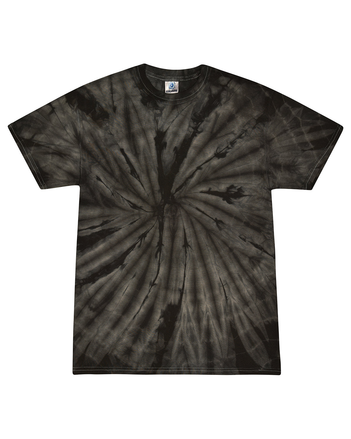 A black and grey spiral tie-dye t-shirt displayed flat against a white background.