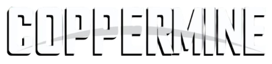 Logo for "COPPERMINE" in bold white block letters with a 3D effect and a light gray horizontal swoosh across the middle.