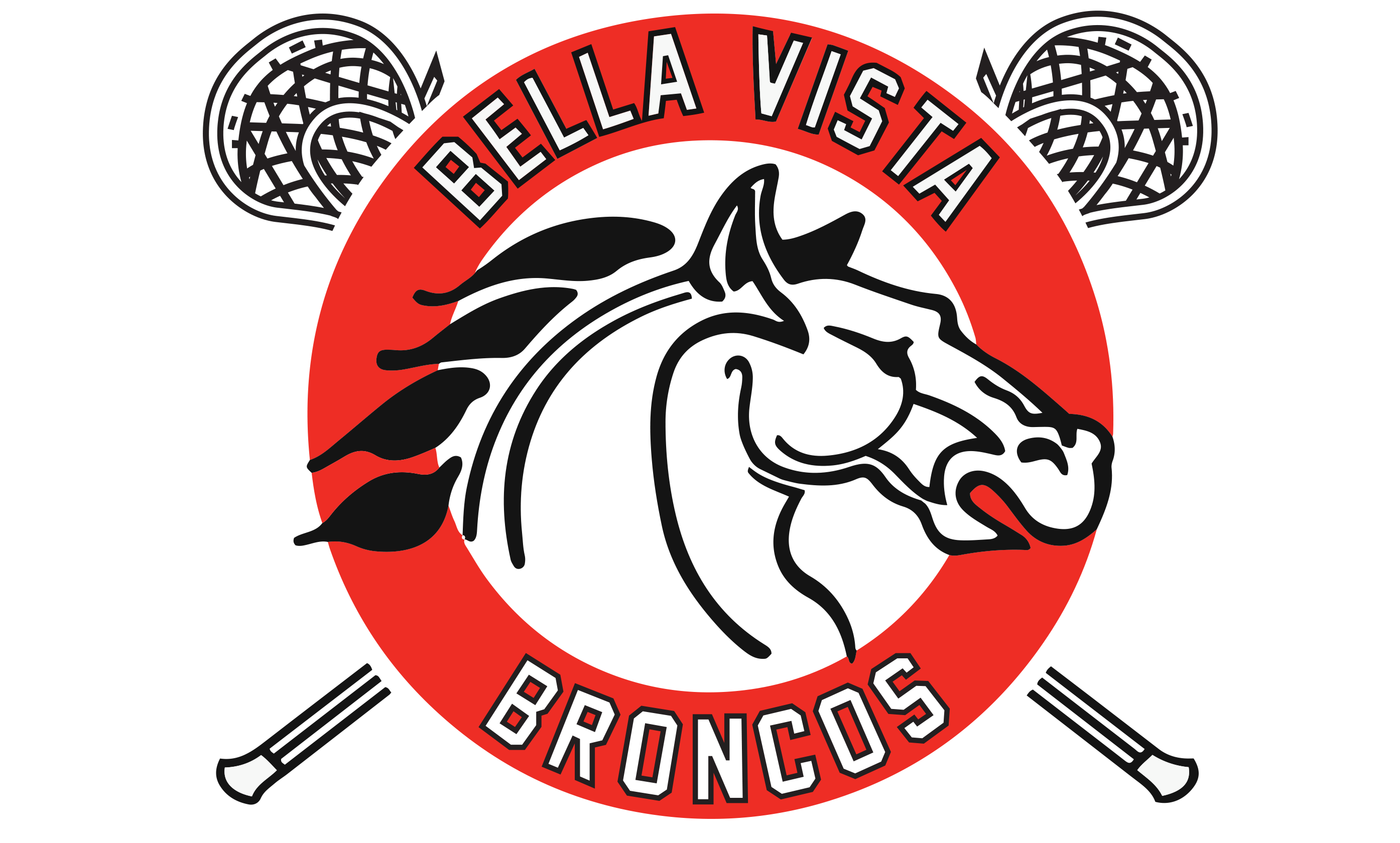 A sports logo for BELLA VISTA LACROSSE CIRCLE featuring a white bronco head inside a red circle, with two crossed lacrosse sticks in the background and the text "BELLA VISTA BRONCOS."