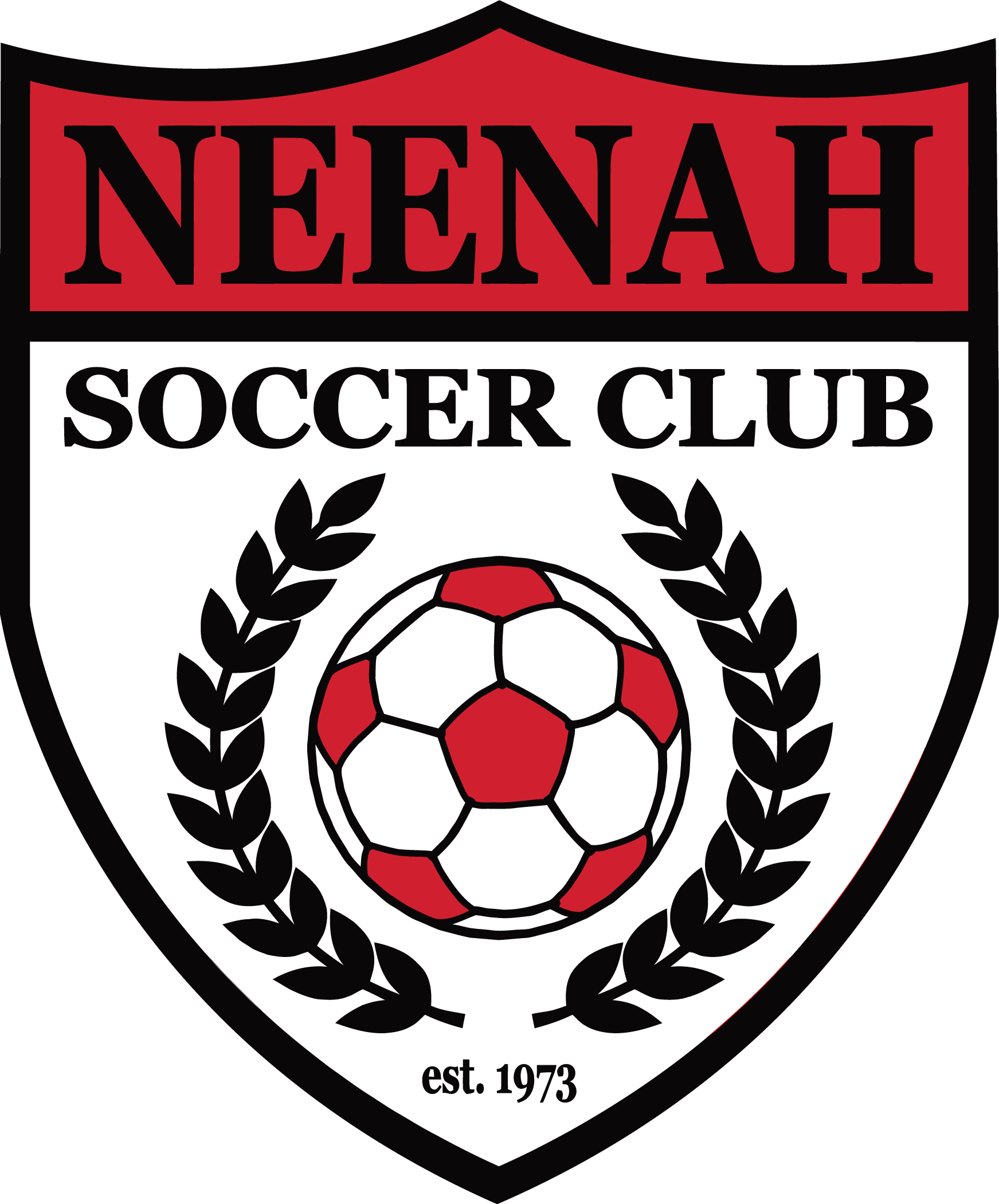 A logo for NEE2 - Neenah SC "CREST" FULL Color in the shape of a shield. The top section is red with "NEENAH" in black text, while the bottom section is white with "SOCCER CLUB" above a red and white soccer ball encircled by black laurel wreaths and "est. 1973" at the bottom.