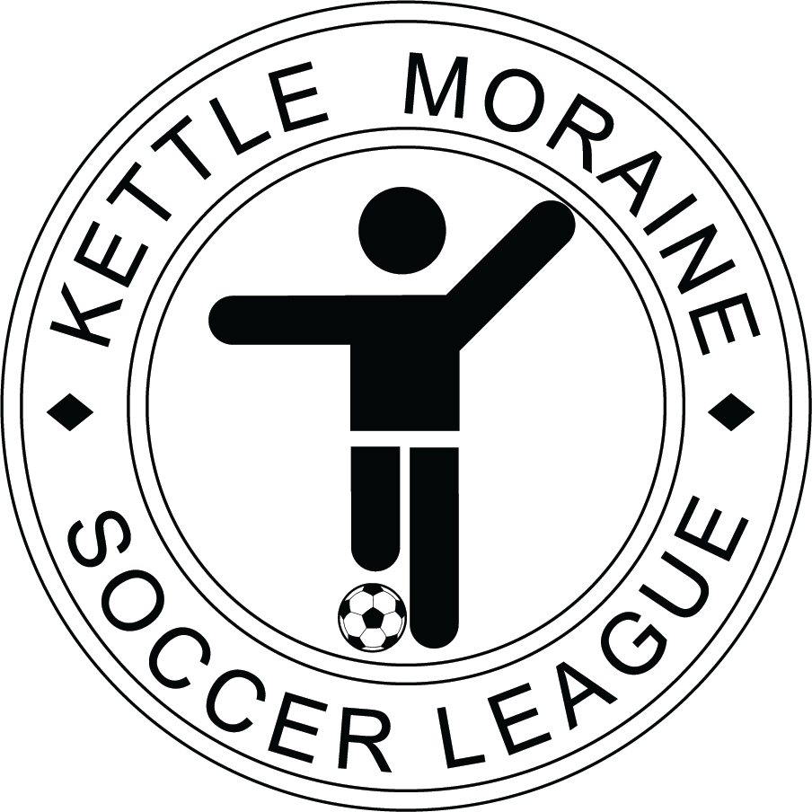 A circular logo for the Kettle Moraine Soccer League, featuring a black stylized figure kicking a soccer ball, framed by the arched text "KETTLE MORAINE" on top and "SOCCER LEAGUE" on the bottom.