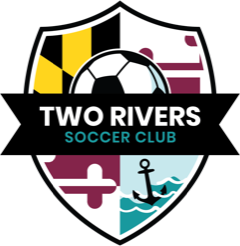 Logo for Two Rivers Soccer Club. A shield featuring Maryland flag patterns, an anchor over waves, and a soccer ball. Text "TWO RIVERS SOCCER CLUB" is across the center.