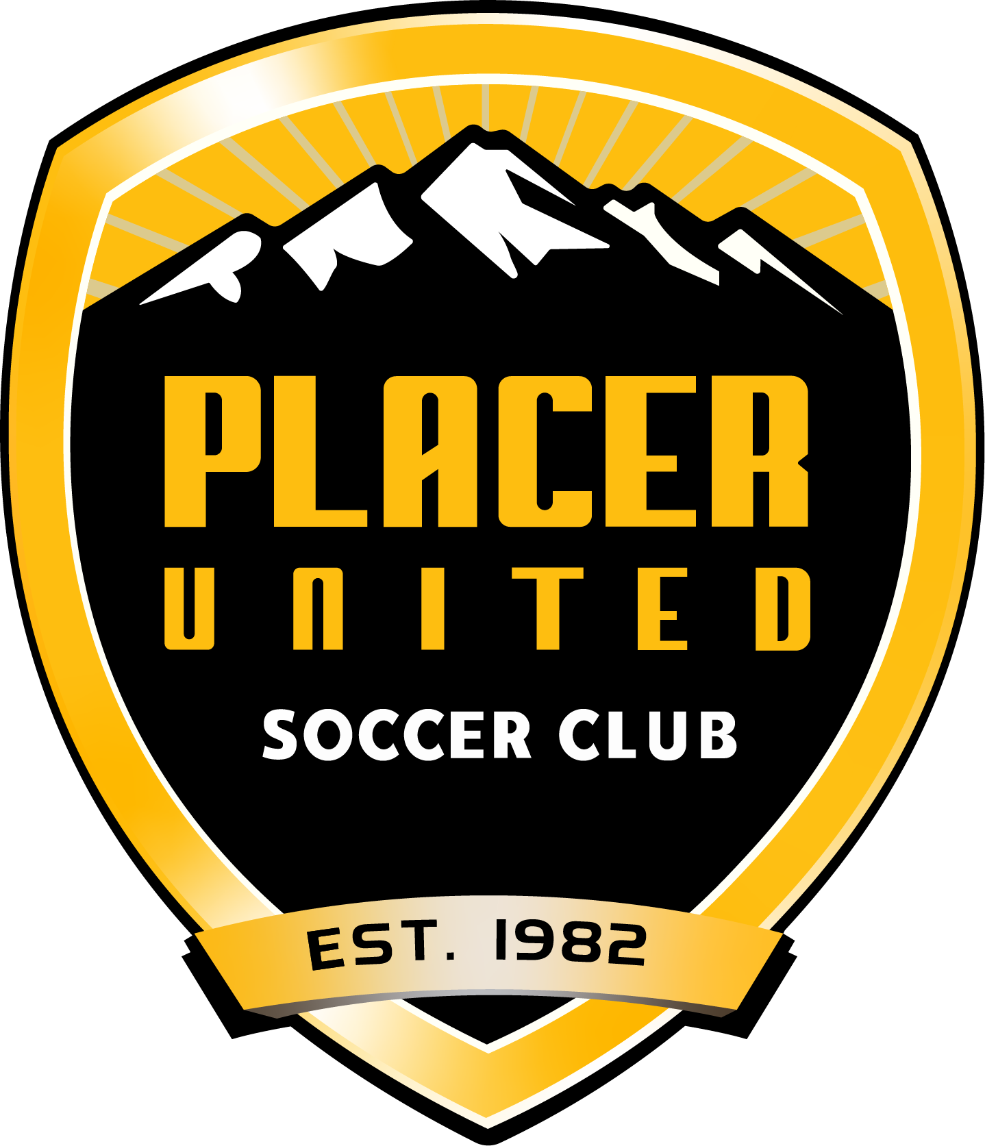 Shield-shaped logo for Placer United Soccer Club featuring snow-capped mountains, sunbeams, and "EST. 1982" in a gold and black color scheme.