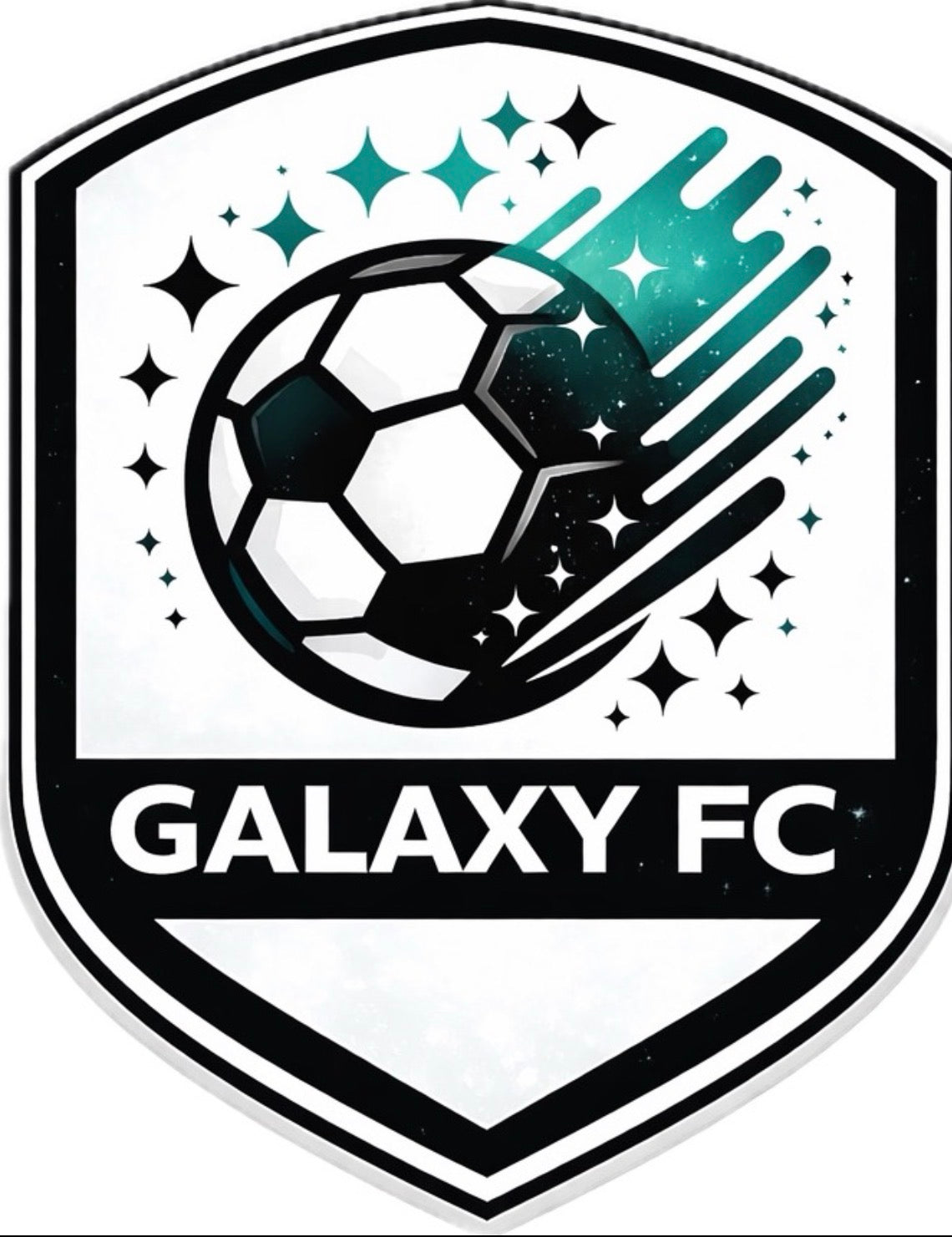 Logo for Galaxy FC inside a shield, featuring a soccer ball with a teal galactic trail and stars.