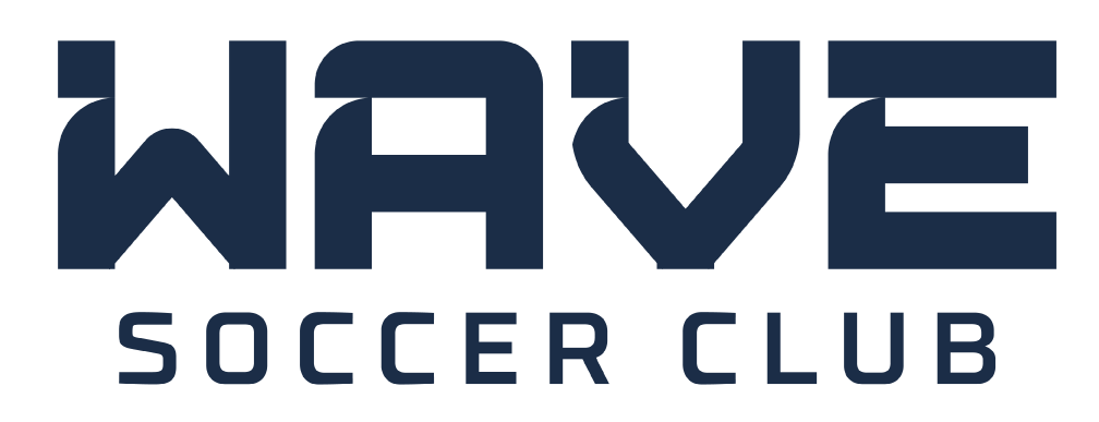 Logo for Wave Soccer Club featuring stylized navy blue "WAVE" lettering with wave-like flourishes above the words "SOCCER CLUB" in a block font.