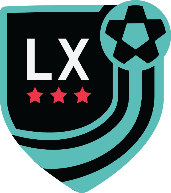 LXU Glove Logo: A black shield emblem featuring the white letters "LX" above three small red stars, with a stylized teal soccer ball in the upper right and curved teal stripes along the bottom edge.