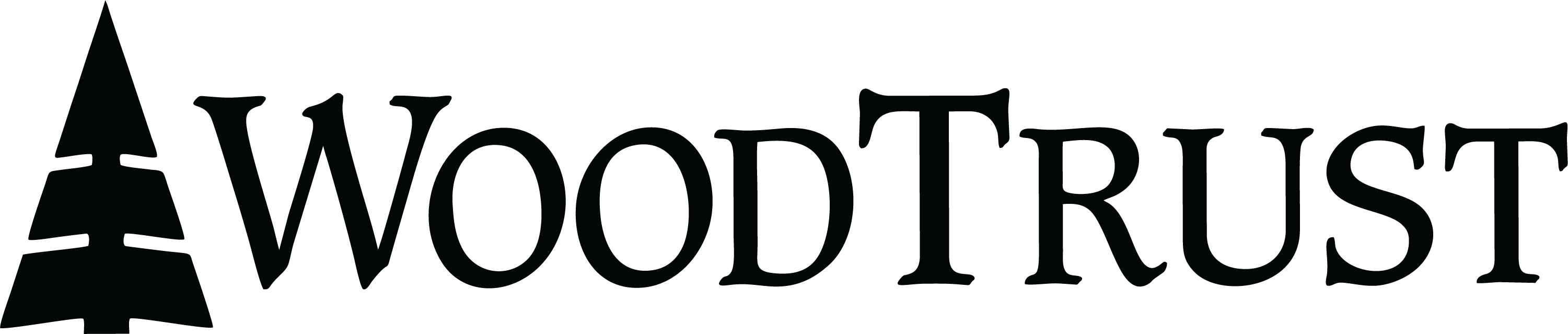 A logo featuring a stylized evergreen tree icon followed by the word "WOODTRUST" in black serif lettering.
