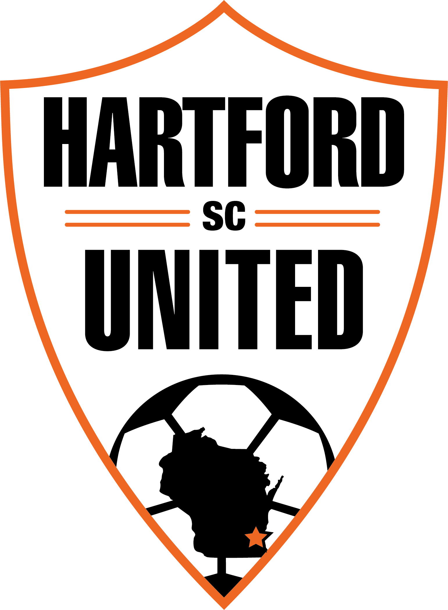 A logo for HU11 - Hartford United "CREST" FULL White featuring a shield with a thick orange border. Inside the shield, the words "HARTFORD" and "UNITED" are written in bold black uppercase letters, separated by "SC" which is flanked by two horizontal orange lines on each side. At the bottom is a stylized soccer ball graphic containing a black silhouette of the state of Wisconsin with a small orange star in the southeastern corner.