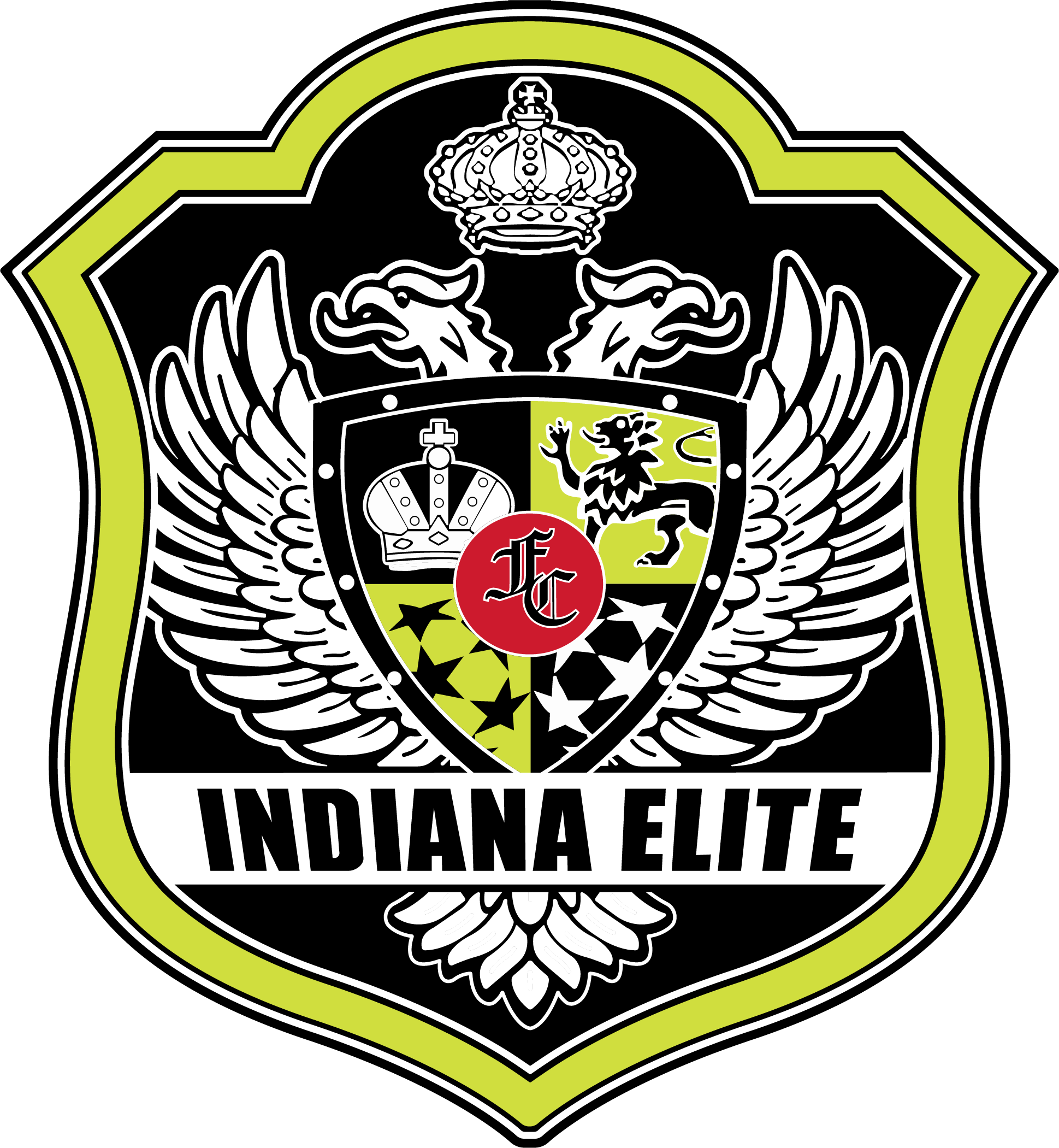 INDE1 - Indiana Elite "CREST" FULL Color: A black and lime green shield-shaped crest featuring a white double-headed eagle with large wings and a crown above its heads. A central smaller shield contains a crown, a lion, and stars, with a red circle in the center featuring the letters "FC." A white banner at the bottom displays "INDIANA ELITE" in bold black capital letters.