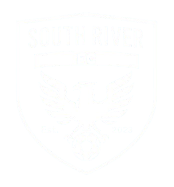 Black and white shield logo for South River FC featuring an eagle perched on a soccer ball. Text includes "SOUTH RIVER FC" and "Est. 2023".