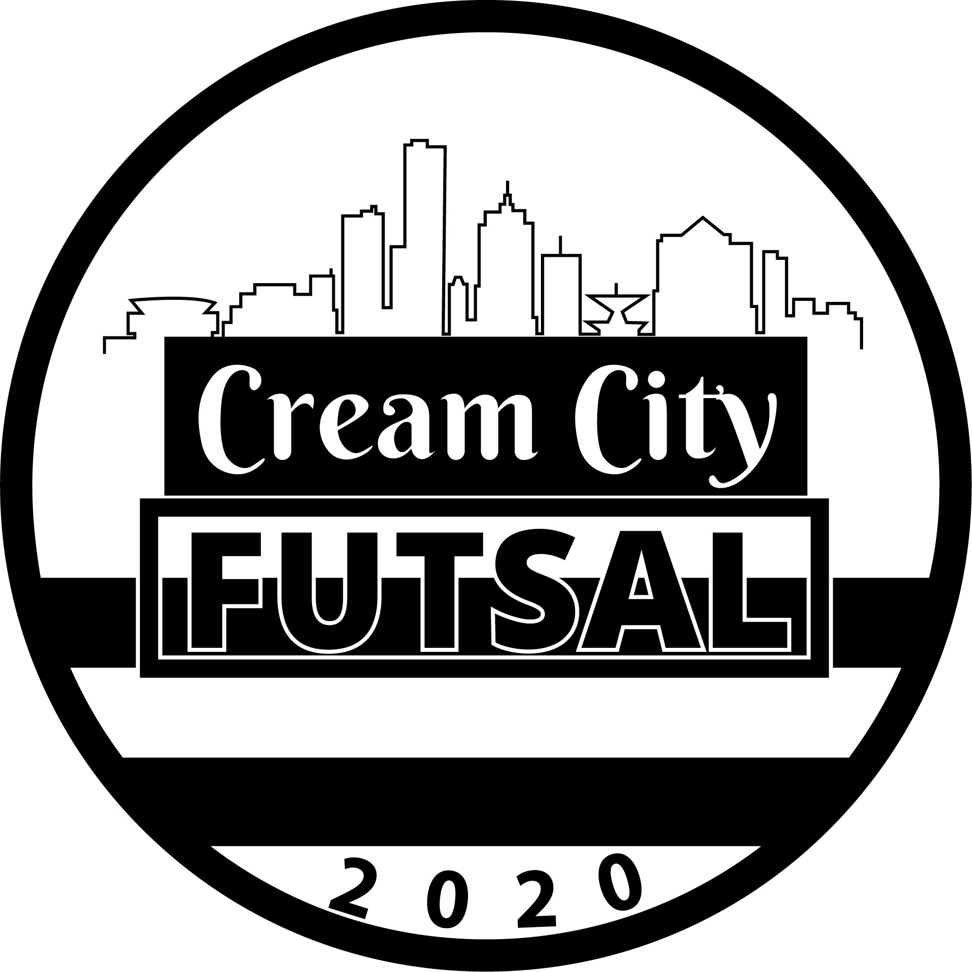 CCF7 - Cream City Futsal "CREST" FULL Black. A circular monochromatic logo featuring a stylized city skyline above the words "Cream City" in script and "FUTSAL" in bold, blocky letters. The year "2020" is curved along the bottom border.
