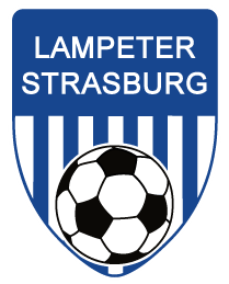 A shield-shaped crest with "LAMPETER STRASBURG" in white text on a blue background at the top. The bottom portion features vertical blue and white stripes with a large black and white soccer ball in the center.