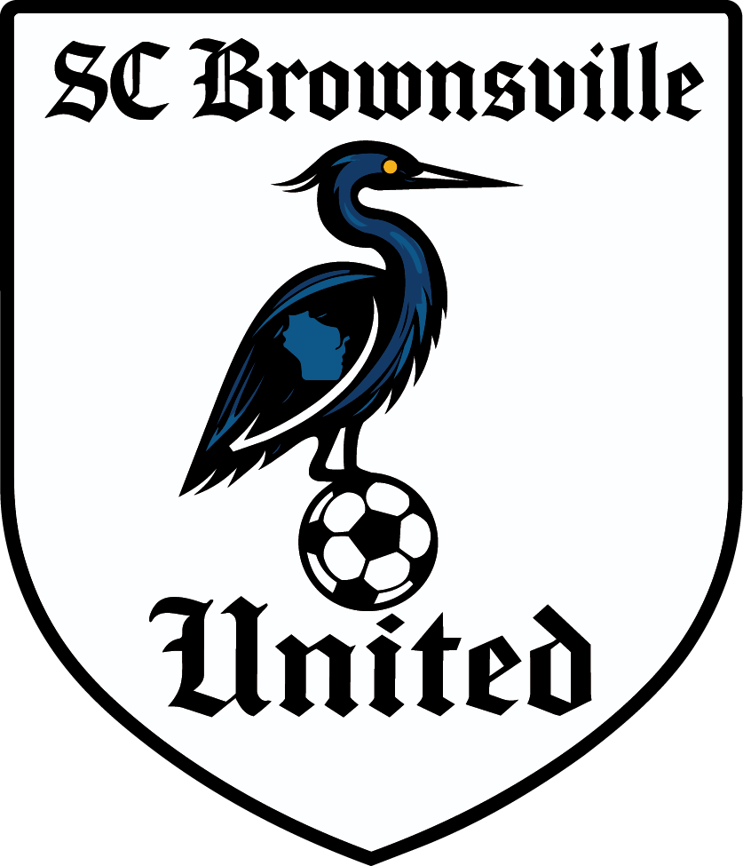 Logo for SC Brownsville United: a blue heron perched on a soccer ball inside a shield. Features black gothic text and a silhouette of Wisconsin on the heron's wing.
