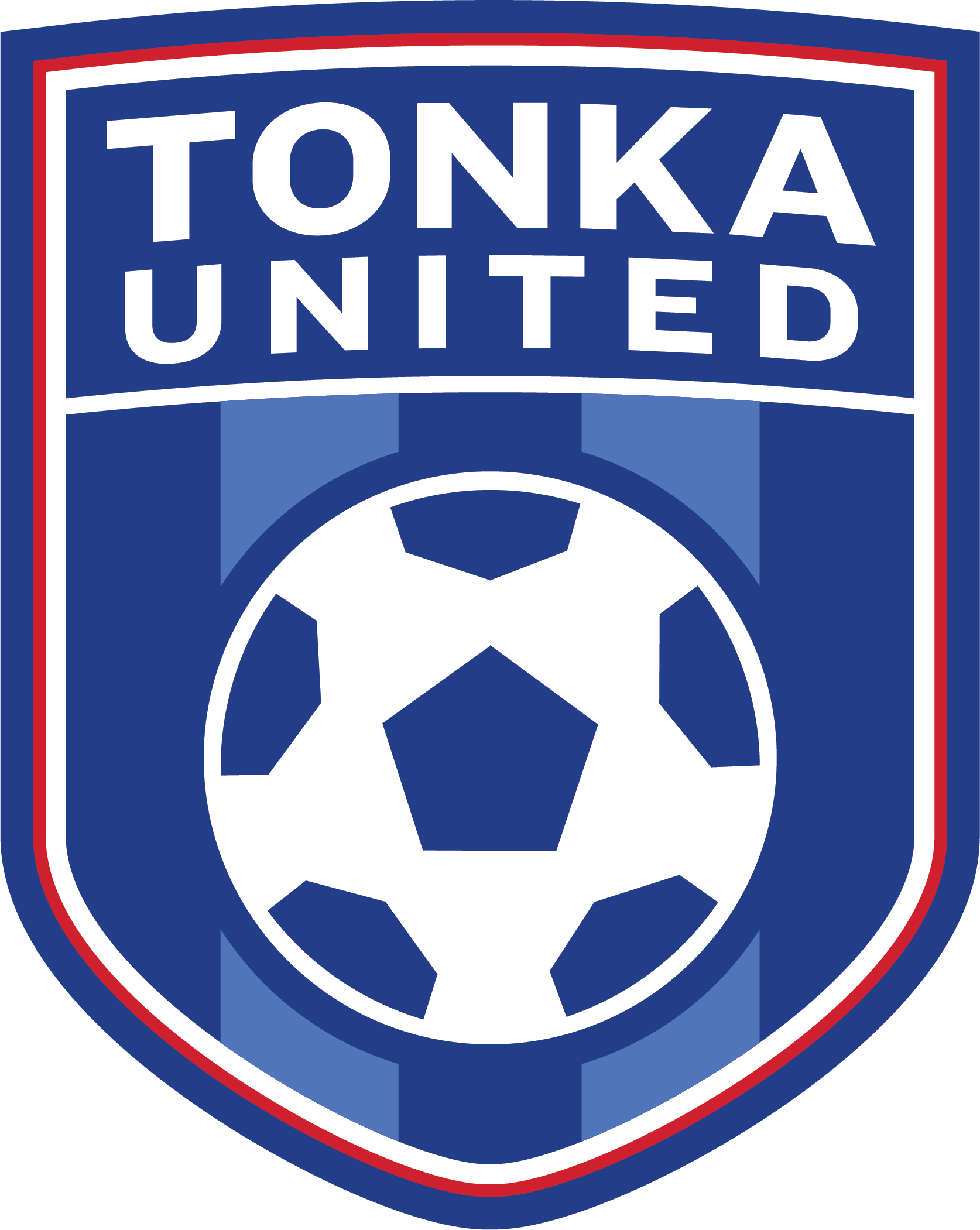 TKU1 - Tonka United "CREST" FULL Color: A shield-shaped soccer logo featuring the words "TONKA UNITED" in bold white text above a central soccer ball. The crest uses a blue and light-blue striped background with a red and white outer border.