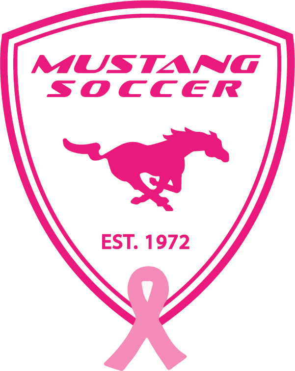 The Mustang Crest BCA logo is a pink and white shield-shaped emblem featuring a galloping horse silhouette in the center. The text "MUSTANG SOCCER" is at the top, "EST. 1972" is in the middle, and a light pink breast cancer awareness ribbon is positioned at the bottom point of the crest.