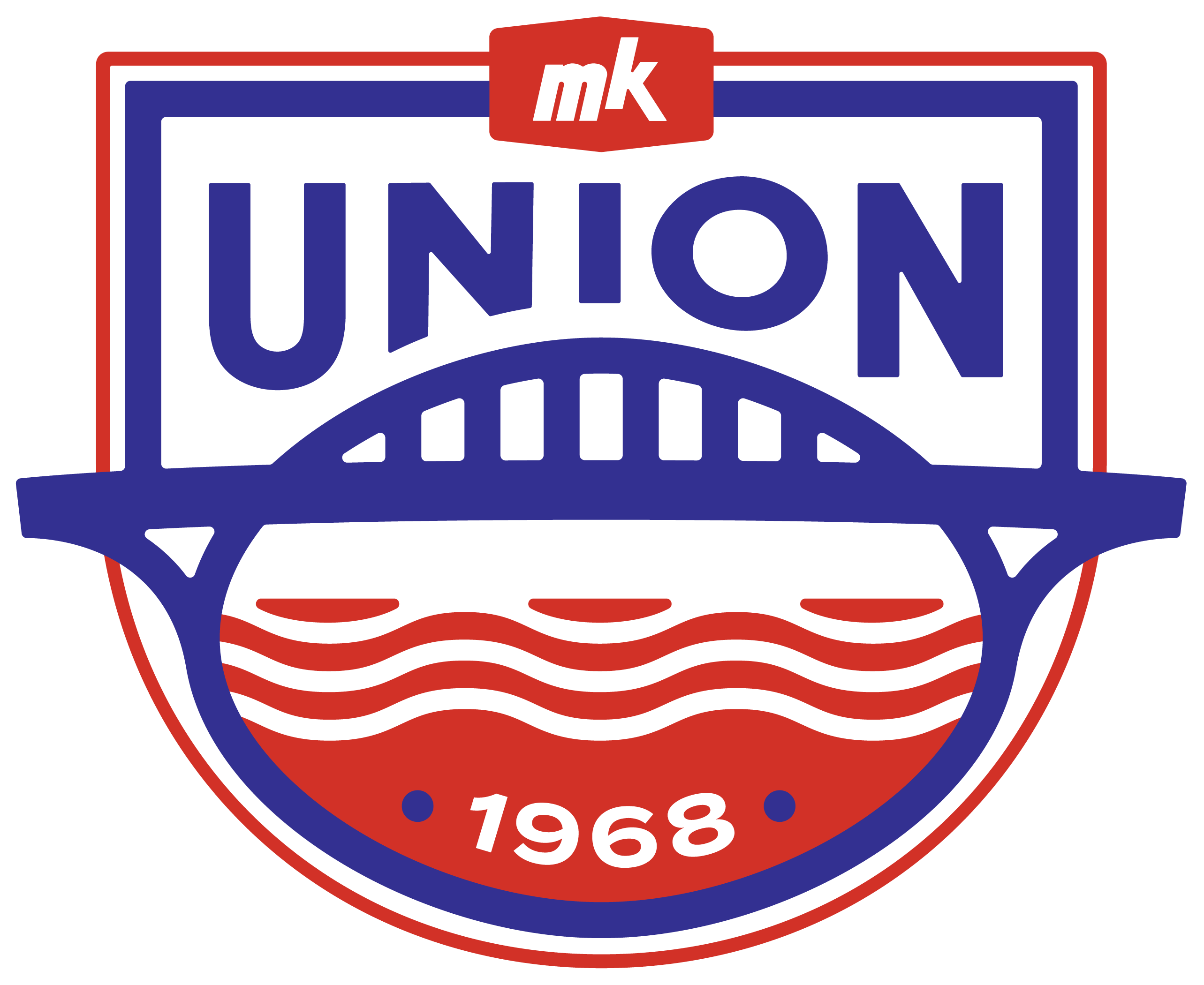 MKU CC Logo: A crest-style emblem featuring the word "UNION" in bold blue letters above a blue arched bridge silhouette. It includes a small red badge with "mk" at the top and the year "1968" set against red wavy water lines at the bottom.