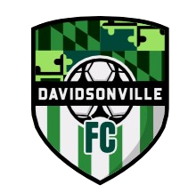 Logo for Davidsonville FC, a shield with a green Maryland flag pattern, a soccer ball, and vertical stripes in green and white.