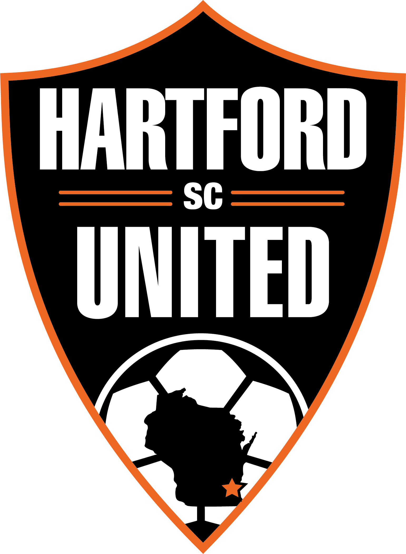 A shield-shaped logo for Hartford United SC, titled HU14 - Hartford United "CREST" FULL Black/Color. The black crest has an orange border and features the words "HARTFORD UNITED" in large white block letters, separated by "SC" and two orange horizontal lines. At the bottom, a white soccer ball graphic contains a black silhouette of the state of Wisconsin with a small orange star in the bottom right.