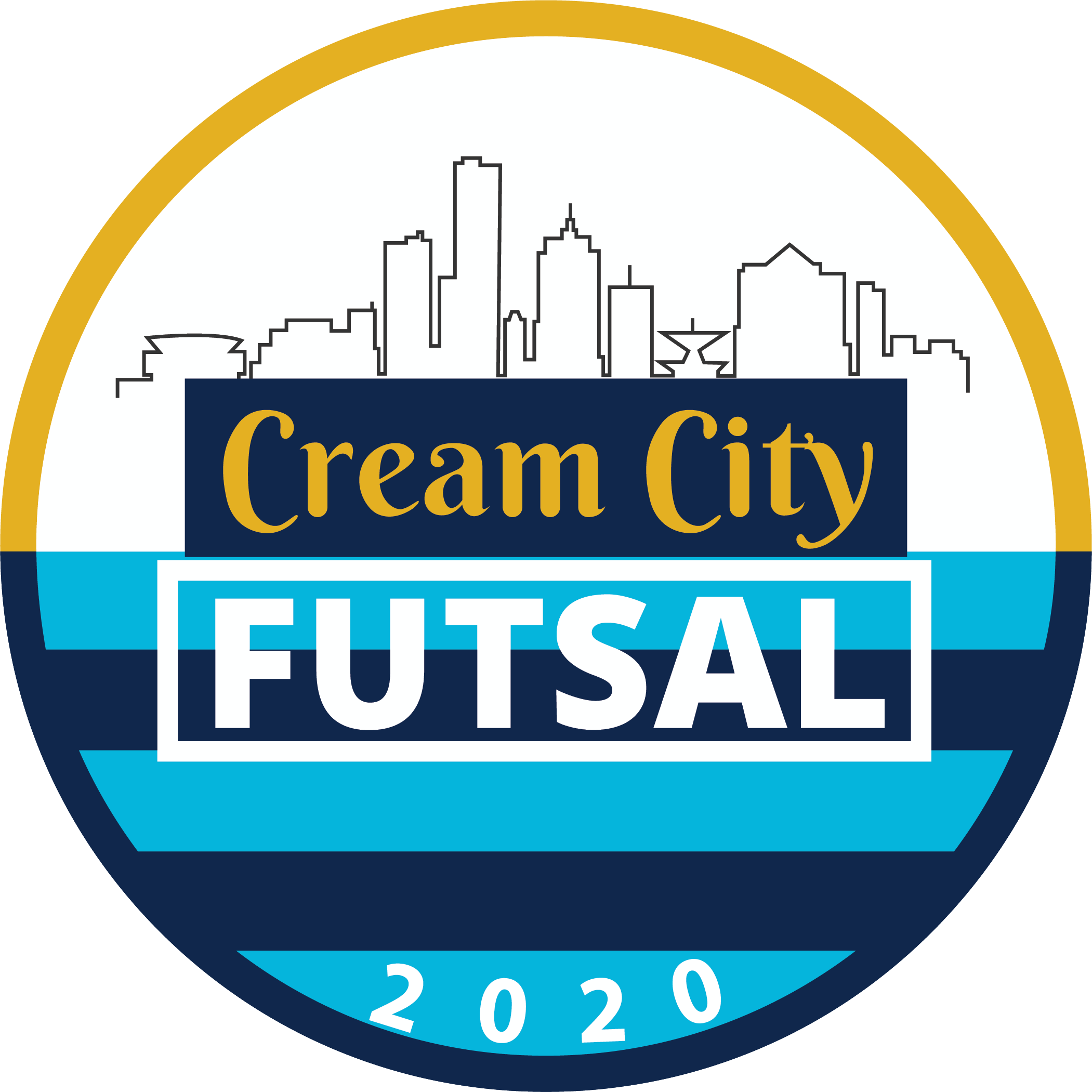CCF8 - Cream City Futsal "CREST" FULL Color: A circular logo featuring a city skyline, "Cream City Futsal" text, navy and cyan stripes, and the year "2020".