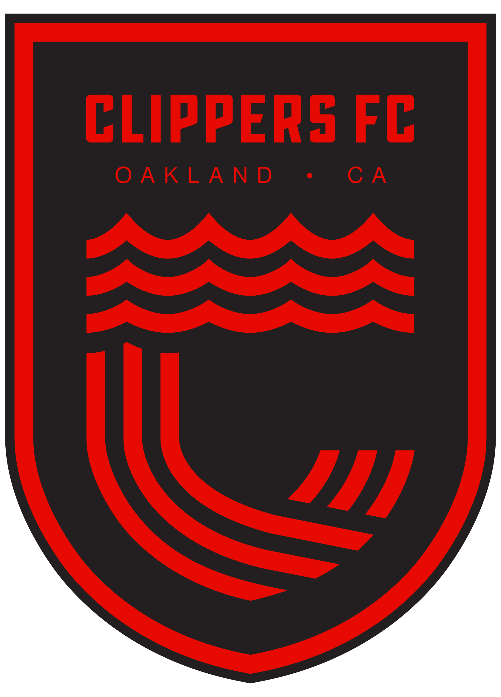 Red and black shield logo for CLIPPERS FC, Oakland, CA. Stylized wavy lines sit above a large letter 'C' formed by thick curved red bands.
