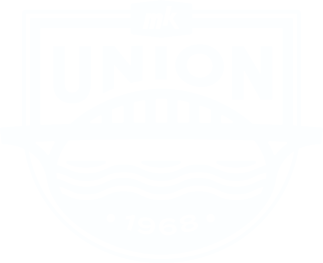 MKU OTH Logo White: A shield-shaped emblem featuring "mk" at the top, "UNION" in large bold letters, an arched bridge over wavy water, and the year "1968" at the bottom.