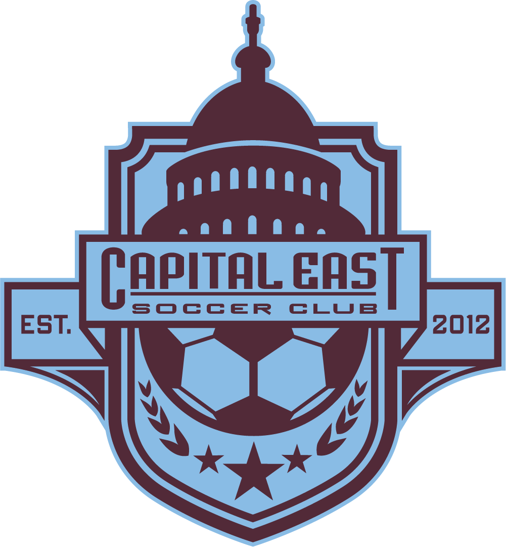 A maroon and light blue shield-shaped logo for the CAPE10 - Capital East "CREST" POCKET Color. The crest features a capitol building dome at the top, a soccer ball at the bottom, and stylized text reading "CAPITAL EAST SOCCER CLUB" and "EST. 2012." Three stars and laurel wreaths accent the bottom of the design.