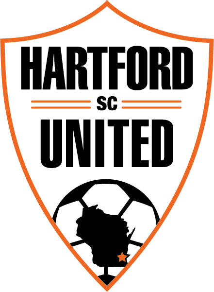 A white shield-shaped patch with an orange border, featuring the text "HARTFORD UNITED SC" in bold black lettering. Below the text is a black and white soccer ball graphic containing a black silhouette of the state of Wisconsin with a small orange star in the southeast.