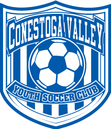 A blue and white shield crest logo for the Conestoga Valley Youth Soccer Club featuring vertical stripes and a central soccer ball.